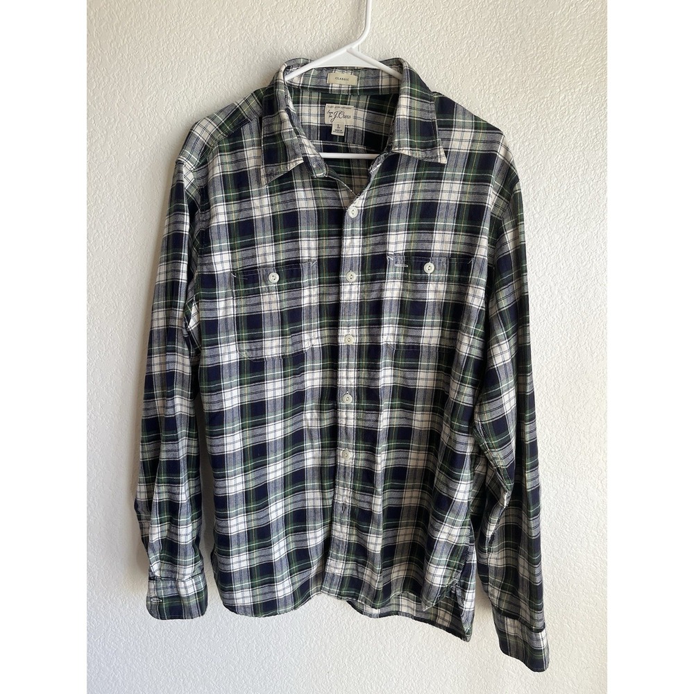Classic‎ Sewn for J Crew Green White Plaid Button Casual Shirt Large Long Sleeve